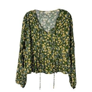 Easel green yellow white boho pleated babydoll cottagecore top medium